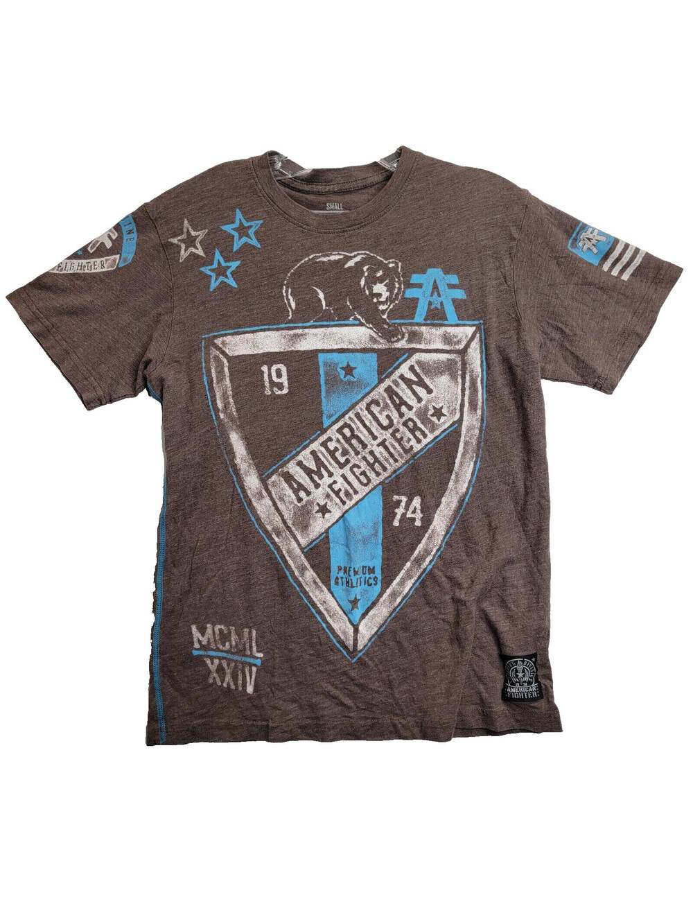 Brown American Fighter Shield Shirt W Bear 1974 Affliction SZ Small